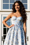 Floral Light Blue Jacquard Strapless A-Line Long Prom Dress