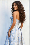 Floral Light Blue Jacquard Strapless A-Line Long Prom Dress