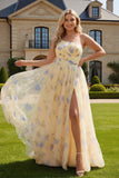 Floral Yellow One Shoulder A-Line Long Prom Dress with Slit