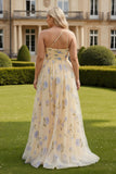 Floral Yellow One Shoulder A-Line Long Prom Dress with Slit