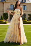 Floral Yellow One Shoulder A-Line Long Prom Dress with Slit