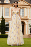 Floral Yellow Spaghetti Straps A-Line Long Prom Dress