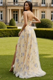 Floral Yellow Spaghetti Straps A-Line Long Prom Dress