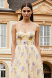 Floral Yellow Spaghetti Straps A-Line Long Prom Dress