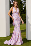 Lilac Floral Mermaid Halter Neck Maxi Prom Dress with Bow