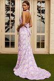 Lilac Floral Mermaid Halter Neck Maxi Prom Dress with Bow