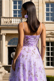 Floral Lilac Spaghetti Straps Maxi Prom Dress with 3D Flowers