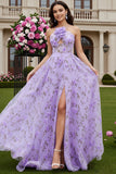 Floral Lilac Keyhole A Line Maxi Prom Dress with 3D Flower