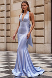 Sparkly Light Blue Halter Neck Mermaid Maxi Prom Dress with Bow