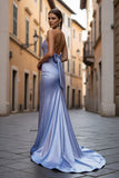 Sparkly Light Blue Halter Neck Mermaid Maxi Prom Dress with Bow