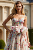 Ivory Floral Spaghetti Straps Maxi Corset Prom Dress with Bow