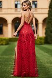 Sparkly Red Floral V Neck A Line Maxi Prom Dress with Slit