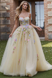 Floral Daffodil Spaghetti Straps A Line Maxi Corset Prom Dress