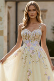 Floral Daffodil Spaghetti Straps A Line Maxi Corset Prom Dress