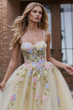 Floral Daffodil Spaghetti Straps A Line Maxi Corset Prom Dress