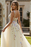 Floral Daffodil Spaghetti Straps A Line Maxi Corset Prom Dress