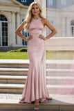Sparkly Light Blue Beaded Halter Mermaid Open Back Long Prom Dress