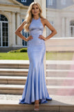 Sparkly Light Blue Beaded Halter Mermaid Open Back Long Prom Dress