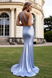 Sparkly Light Blue Beaded Halter Mermaid Open Back Long Prom Dress
