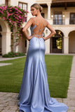 Sparkly Light Blue Spaghetti Straps Mermaid Long Corset Prom Dress with Slit