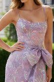 Sparkly Purple Sequined Spaghetti Straps Sheath Long Prom Dress with Bow