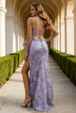 Sparkly Purple Sequined Spaghetti Straps Sheath Long Prom Dress with Bow