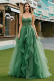 Sparkly Dark Green Ball Gown Ruffled Long Prom Dress with Beading