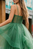 Sparkly Dark Green Ball Gown Ruffled Long Prom Dress with Beading