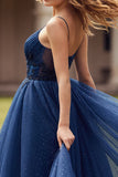 Glitter Navy Spaghetti Straps Appliqued Long Prom Dress with Beading