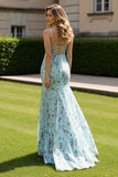 Green Floral Spaghetti Straps Mermaid Embroidered Long Prom Dress