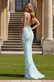 Green Floral Mermaid Spaghetti Straps V-Neck Long Prom Dress