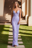 Sparkly Lilac Sequined Spaghetti Straps Mermaid Long Prom Dress