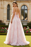 Blush Floral A Line Spaghetti Straps Long Prom Dress with Bow