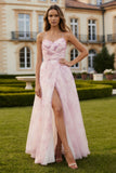Blush Floral Spaghetti Straps A Line Long Ruched Prom Dress with Slit