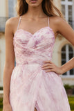 Blush Floral Spaghetti Straps A Line Long Ruched Prom Dress with Slit