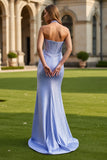 Glitter Light Blue Halter Neck Mermaid Long Corset Prom Dress with Slit
