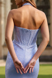 Glitter Light Blue Halter Neck Mermaid Long Corset Prom Dress with Slit
