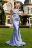 Light Blue Satin Spaghetti Straps Corset Mermaid Long Prom Dress