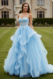 Sky Blue Tulle Appliqued Long Corset Lace-up Back Prom Dress with Ruffles
