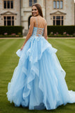 Sky Blue Tulle Appliqued Long Corset Lace-up Back Prom Dress with Ruffles
