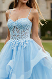Sky Blue Tulle Appliqued Long Corset Lace-up Back Prom Dress with Ruffles