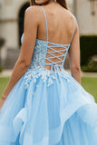 Sky Blue Tulle Appliqued Long Corset Lace-up Back Prom Dress with Ruffles