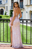 Sparkly Blush Pink Mermaid Sequined Long Corset Prom Dress with Bow