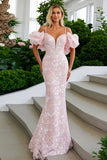 Blush Pink Lace Cold Shoulder Puff Sleeves Mermaid Long Prom Dress