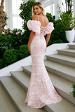 Blush Pink Lace Cold Shoulder Puff Sleeves Mermaid Long Prom Dress
