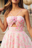 Floral Pink Ruffled Spaghetti Straps Long Prom Dress with Keyhole