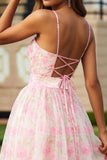 Floral Pink Ruffled Spaghetti Straps Long Prom Dress with Keyhole
