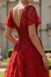 Sparkly Floral Dark Red Boat Neck A Line Long Prom Dress with Sleeves