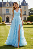 Sky Blue Floral Spaghetti Straps Long Prom Dress with Slit