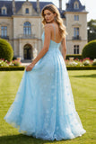 Sky Blue Floral Spaghetti Straps Long Prom Dress with Slit